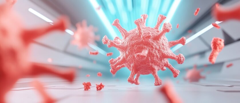A white and red virus is shown in a blue background. The virus is made up of many small blocks, and it is exploding. Scene is chaotic and unsettling, as the virus is depicted as a destructive force.