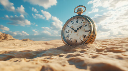 Surreal Pocket Watch Embedded in Desert Landscape