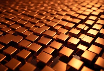 Obraz premium A macro shot of a squared pattern copper texture, revealing the metallic sheen and rich, warm tones of copper, with visible scratches and dimples that add character., close-up shot, short distance, pa