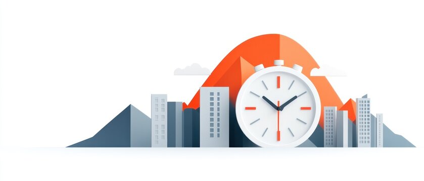 A clock with a city in the background.