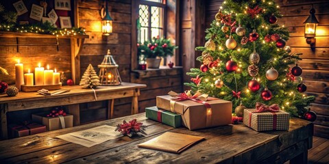 A cheerful, dimly-lit, rustic living room scene featuring a decorated tree, festive holiday decor, and a handwritten letter to a jolly old gift-giver on a wooden desk.
