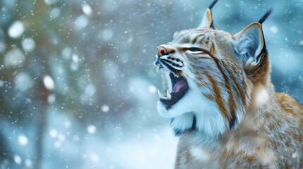 Closeup portrait of a lynx cat bobcat wildcat roaring, a fierce dangerous and furious predator in the snowy forest, wild and beautiful fur against a backdrop of winter's frost and snowflakes