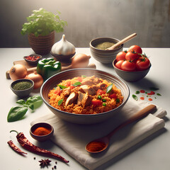 Jollof Rice with Chicken and Fresh Ingredients on Marble Counter