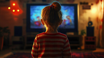 Rearview of young Caucasian girl, female child, kid or toddler relaxing at home, watching a fun cartoon on TV, enjoying time in a cozy room, childhood entertainment and casual indoor lifestyle