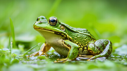 Obraz premium Closeup of a cute green frog sitting on a water lily or lotus leaf in a serene pond, beautiful wildlife and aquatic flora, beauty in the marsh environment, an adorable amphibian in its habitat, swamp