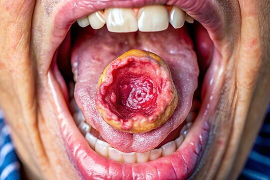 A close-up image of an open mouth revealing a malignant tumor on the tongue, showcasing the devastating effects