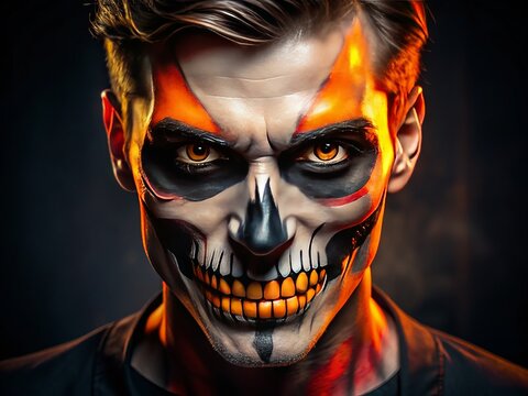 A close-up of a spooky male face with bright orange and black skull-like makeup, complete with glowing eyes