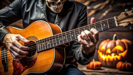 Obraz premium A close-up shot of a guitarist's hands playing a spooky Halloween-inspired tune on an acoustic guitar, with tabs