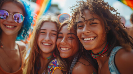 Fototapeta premium Group of friends celebrating joyfully at a vibrant outdoor festival on a sunny day