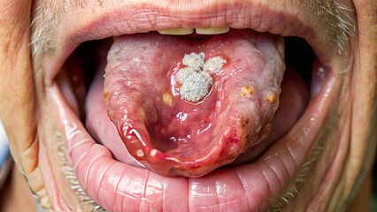 Obraz premium A close-up view of an ulcerated and discolored tongue with white patches and red lesions, indicative of tongue