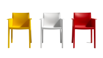 Brightly colored armchairs arranged together in view isolated on white transparent background