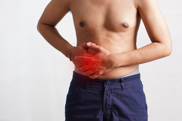 Fitness, stomach ache and man outdoor after running, workout or exercise. Sports, abdominal pain...