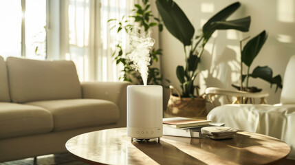 A modern aromatherapy diffuser releasing fragrant steam in a cozy living room setting during the daytime