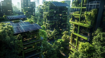 Fototapeta premium A futuristic urban landscape featuring green architecture integrated with nature and solar energy.