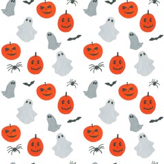 Naklejka premium Hand-drawn seamless Halloween pattern featuring spooky elements like pumpkins, ghosts, bats, and witch hats. Perfect for seasonal designs, textiles, wrapping paper, party decorations, or digital backg