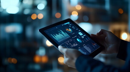 A close-up of hands holding a tablet displaying business analytics combined with health data, modern office environment blurred in the background, glowing from the tablet screen