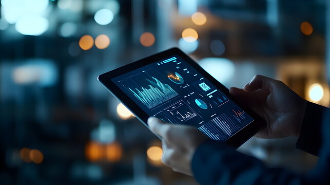 A close-up of hands holding a tablet displaying business analytics combined with health data, modern office environment blurred in the background, glowing from the tablet screen