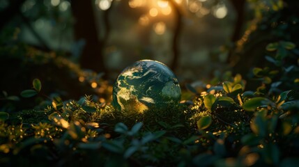 A delicate glass globe of Earth rests on green moss. Sunlight filters through trees, creating a serene and magical atmosphere.