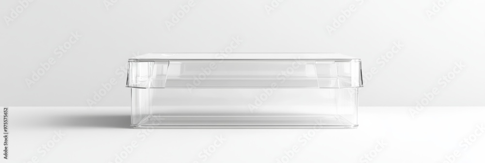 Poster a minimalistic 3d render of a transparent plastic box with a fold-over top, isolated on a seamless w