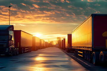Obraz premium Photo Cargo trailer trucks ready on parking lot morning. Logistics and goods transport concept