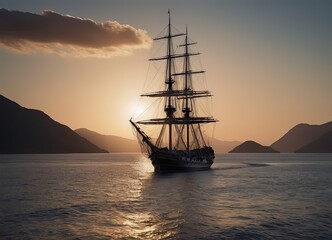 Obraz premium A beautiful sailboat is gently floating on the calm water during sunset