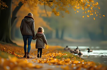 mother and child walking in autumn park