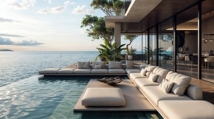 Fototapeta premium Summer vacation at poolside. Veranda decorated with deck chairs with an ocean view