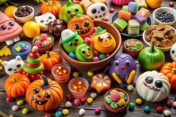Obraz premium A colorful arrangement of spooky-cute Halloween treats and toys, including candies, small toys, and stickers, perfect