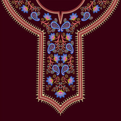 Embroidery neck design with floral paisley patterns and vine scroll motifs on a dark red background. Colorful neckline pattern suited for women's split neck dress, kurta, kaftan, and dashiki shirts.