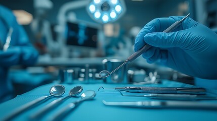 Naklejka premium Close-Up View of Dental Tools Arranged for Precision and Care in a Modern Dental Clinic 近代的な歯科医院で精密さと注意をもって配置された歯科用器具のクローズアップ.Generative AI