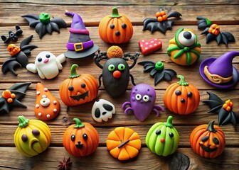 Obraz premium A colorful array of spooky and whimsical Halloween-themed polymer clay creations, including pumpkins, bats, spiders,