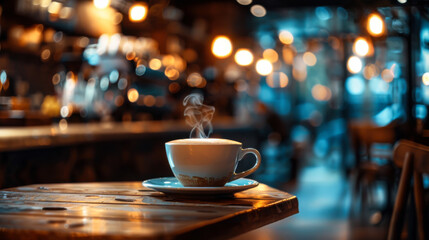 Warm coffee cup sits on a wooden table in a cozy cafe during the evening with soft background lights