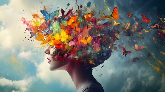 A human figure with a head exploding into abstract shapes, colors, and nature elements, representing freedom of thought