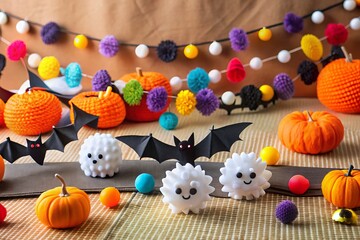Obraz premium A colorful assortment of DIY Halloween decorations, including paper bats, ghostly garlands, and pom-pom spiders,