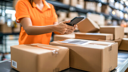 Warehouse Worker Scanning Packages:  A close-up of a warehouse worker's hands scanning a package with a smartphone. The image captures the efficiency, 