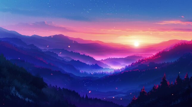 Majestic mountain landscape at sunrise, with golden light illuminating the peaks and valleys, creating a serene and breathtaking mor Seamless looping 4k time-lapse virtual video animation Generated AI