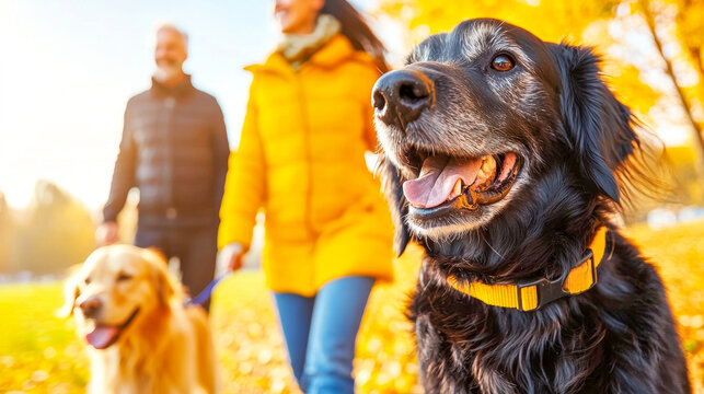 Golden Years, Golden Leaves: Senior Dog Enjoys Autumn Walk with Couple 