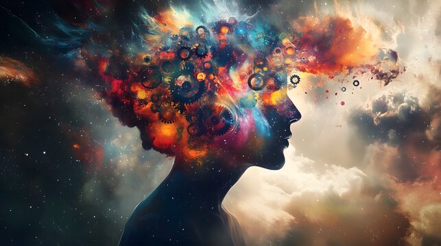 A person with a head exploding into abstract colors, gears, and celestial objects, representing an infinite universe of thoughts
