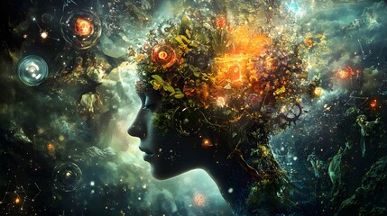 Fototapeta premium A human head bursting with abstract nature, gears, and glowing symbols, representing the connection between nature and the mind