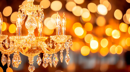 Crystal Elegance: A sparkling crystal chandelier casts a warm glow against a backdrop of shimmering bokeh, evoking an ambiance of luxury and celebration. 