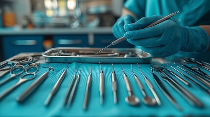 Meticulously Cleaned and Organized Dental Tools Ready for a Surgical Procedure in a Clinical Office 臨床オフィスでの手術準備が整った綺麗に清掃され整理された歯科用器具.Generative AI