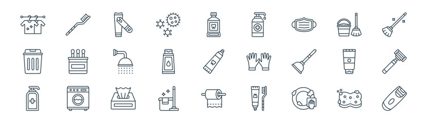 27 set of outline hygiene routine icons such as sponge, toothbrush, nail clipper, cleaning, shampoo, razor, toilet paper, electric shaver vector thin line icons for web design, mobile app.