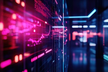 Futuristic data visualization with vibrant neon lights and graphs, illustrating modern technology and digital trends.