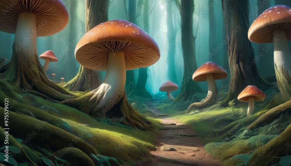 Poster a mystical forest scene featuring giant mushrooms along a winding path. the soft light filtering thr