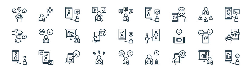 27 set of outline impact of social media icons such as productivity, social, inspiration, accident, cyberbullying, distraction, depression, expectation vector thin line icons for web design, mobile