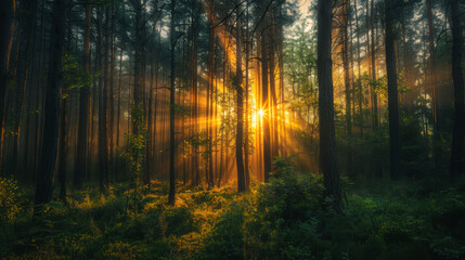 Naklejka premium Sunlight streaming through tall trees in a peaceful forest at dawn