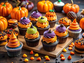 A colorful Halloween-themed dessert table setup with intricately decorated cupcakes featuring step-by-step guides and