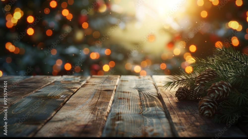 Poster A wooden table with a Christmas tree in the background