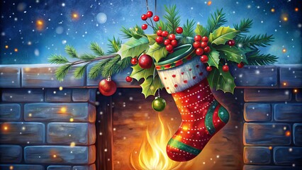 A colorful illustration of a Christmas stocking hanging by the chimney, adorned with festive holly and berries,