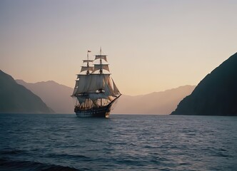 A beautiful sailboat is gently floating on the calm water during sunset